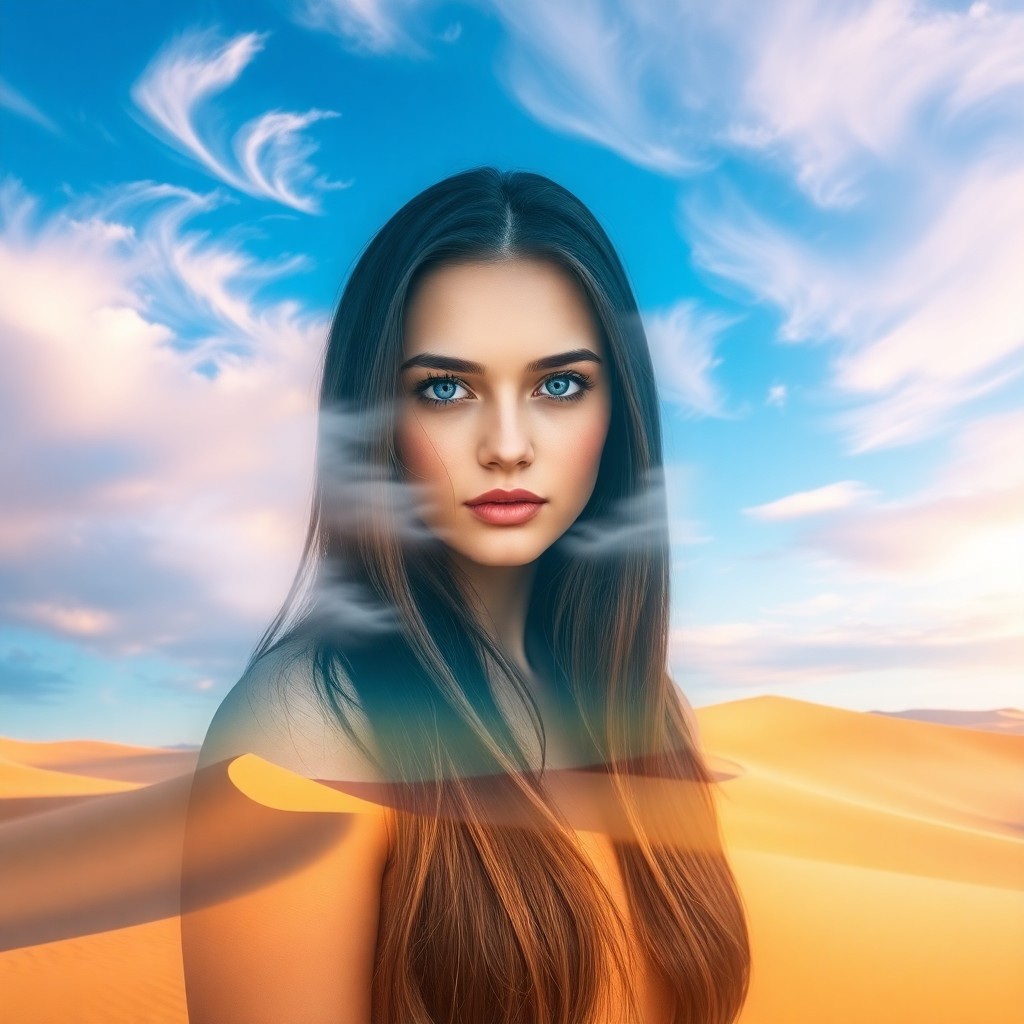 AI generated art for prompt: A young woman with long dark hair stands resolute amidst swirling pastel clouds. Her piercing blue e