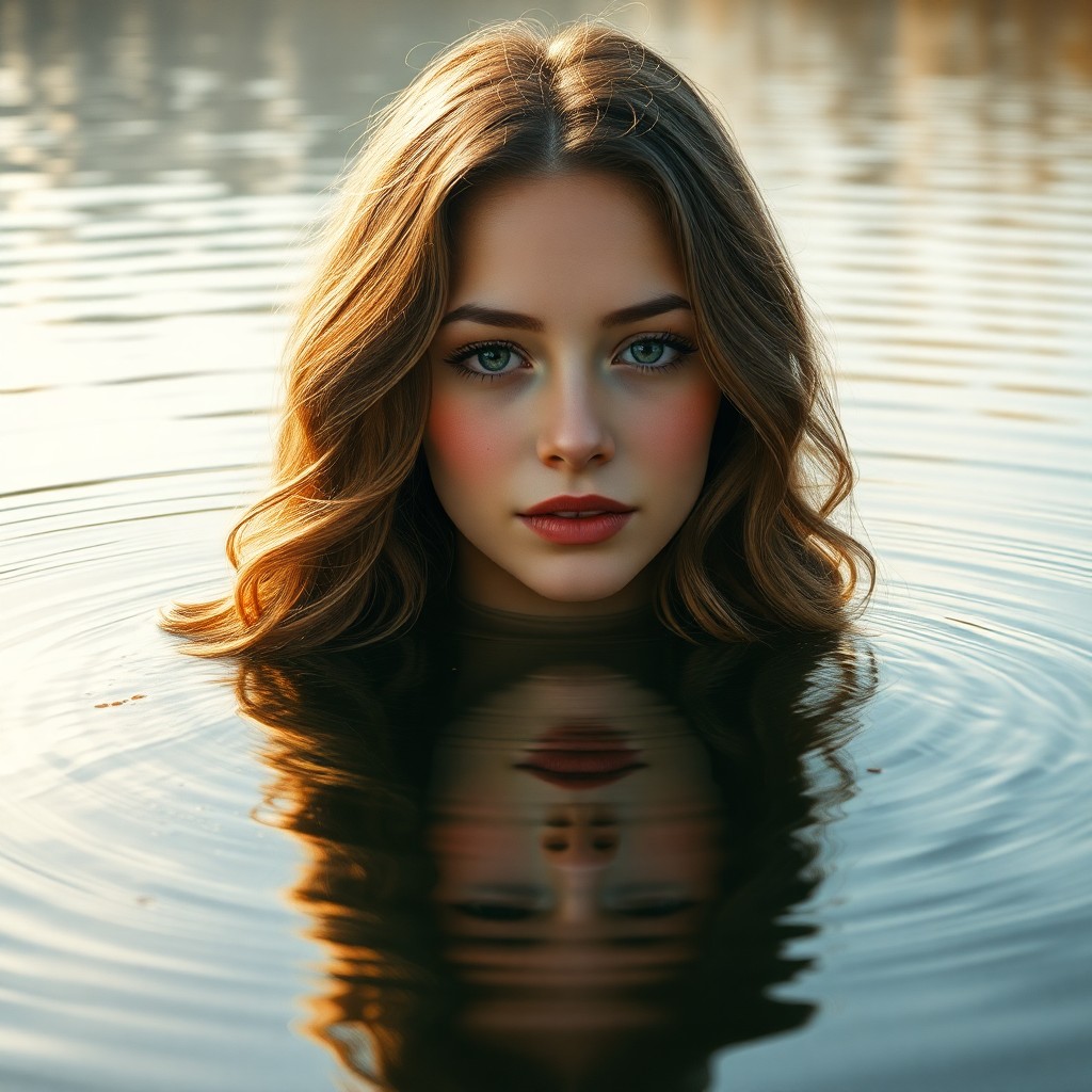 AI generated art for prompt: Craft a photorealistic double exposure portrait featuring a serene young woman amidst a tranquil lak