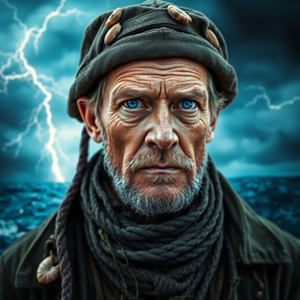 AI generated art for prompt: A captivating portrait depicts a grizzled shipwreck explorer with piercing blue eyes, his face marke