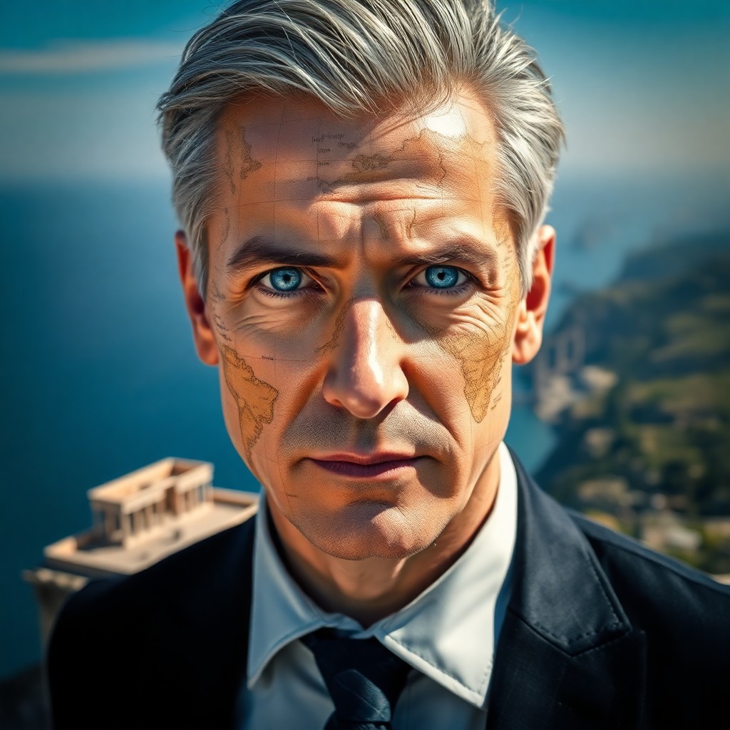 AI generated art for prompt: A DSLR portrait captures a gentleman with graying temples and intense sapphire eyes, his gaze pierci