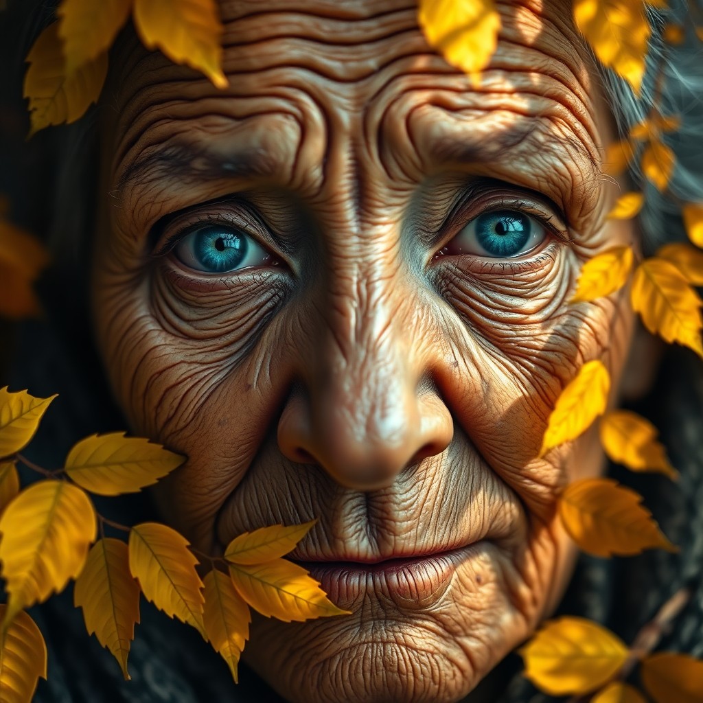 AI generated art for prompt: A captivating portrait reveals an elderly woman with deep creases etched into her weathered face, ak