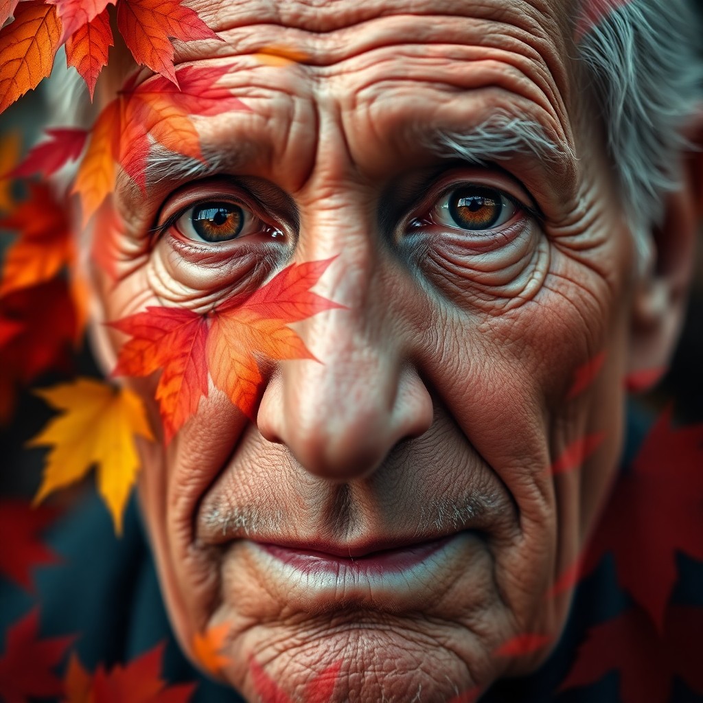 AI generated art for prompt: A double exposure portrait showcases an elderly man with deep wrinkles and warm brown eyes, his visa