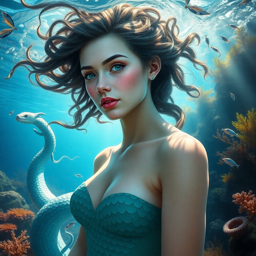 AI generated art for prompt: A photorealistic digital portrait depicts an ethereal female figure with a unique fusion of human an