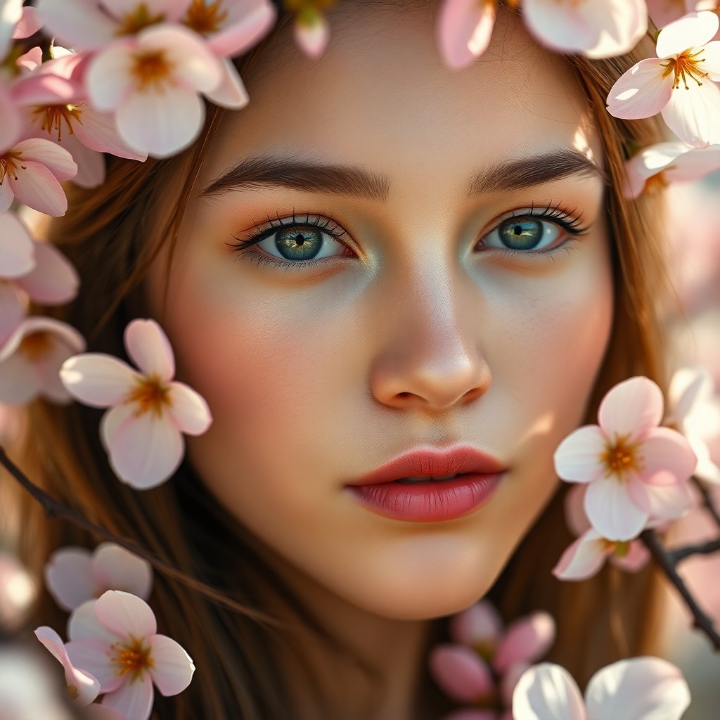 AI generated art for prompt: A photorealistic portrait of a young woman with intense green eyes adorned by delicate cherry blosso