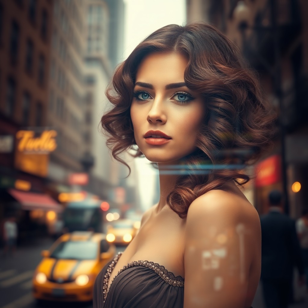 AI generated art for prompt: Envision a captivating double exposure portrait showcasing an elegant woman with cascading, wavy hai