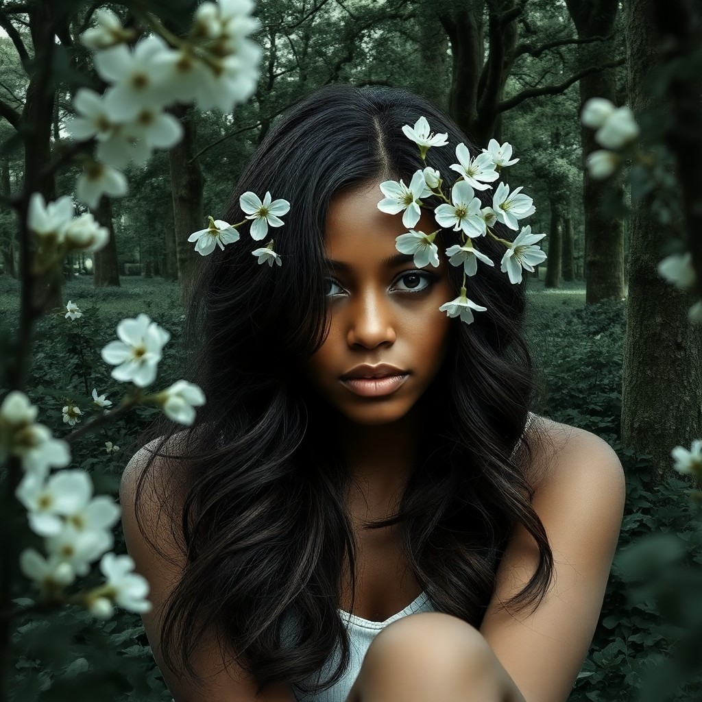 AI generated art for prompt: A young African-American woman with cascading chestnut locks sits pensively amidst a serene garden, 