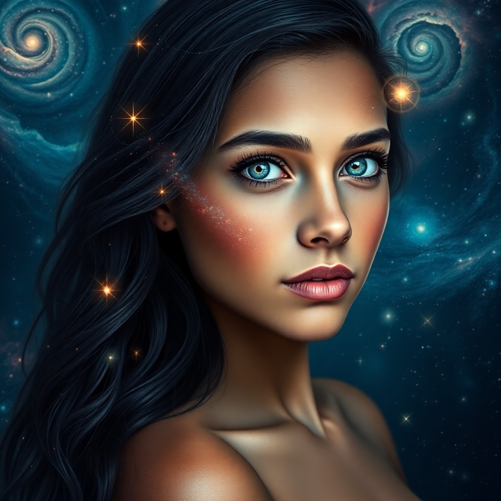 AI generated art for prompt: In this captivating photorealistic portrait, a young woman with olive skin and piercing blue eyes se