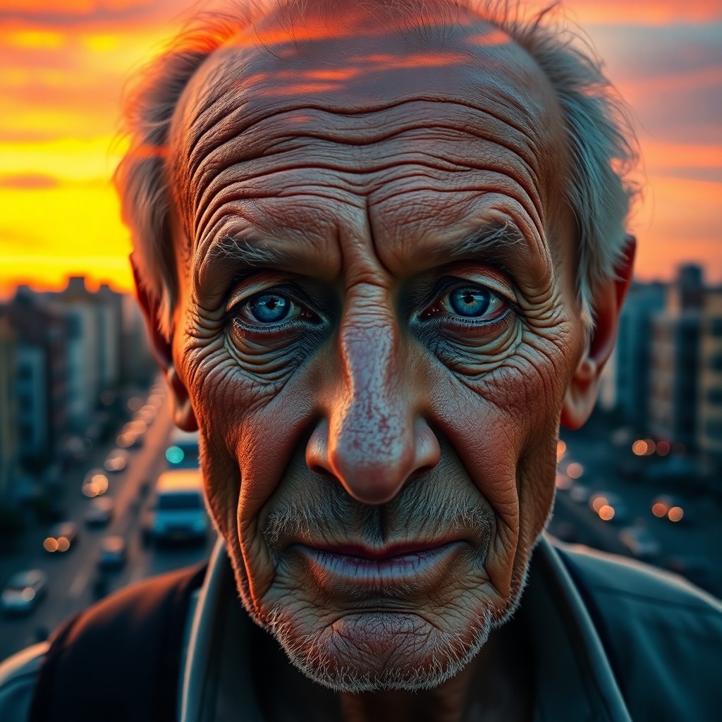 AI generated art for prompt: Imagine a captivating double exposure portrait of an elderly man with creased skin and piercing blue