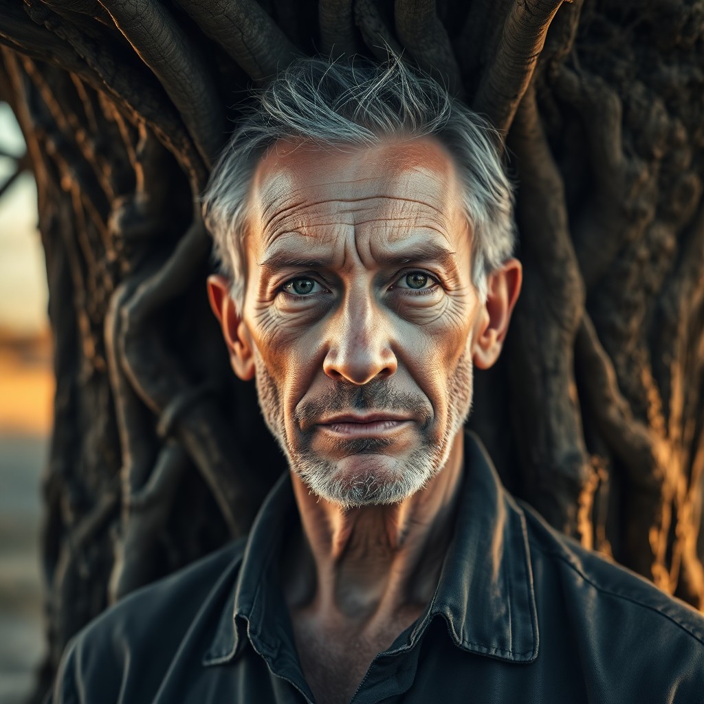 AI generated art for prompt: A high-resolution digital portrait showcases a captivating double exposure: a somber middle-aged man