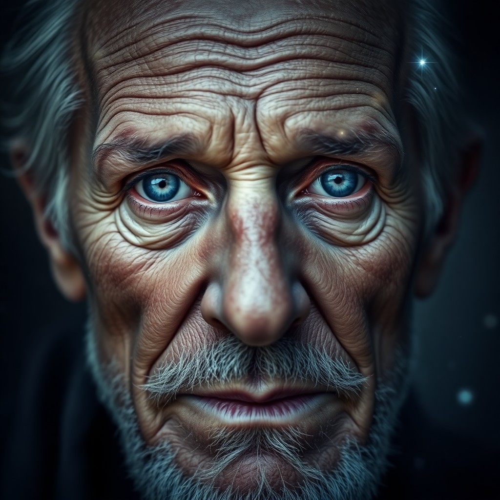 AI generated art for prompt: Craft a photorealistic digital portrait of an aged man with weathered skin and piercing blue eyes, h