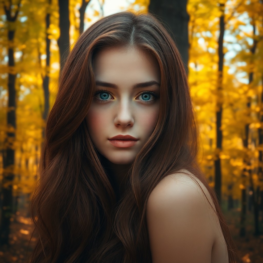 AI generated art for prompt: A captivating portrait showcases a young woman with striking blue eyes and cascading chestnut hair, 