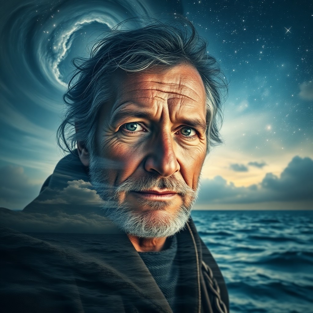 AI generated art for prompt: A captivating double exposure portrait showcases a weathered shipwreck explorer with a serene expres