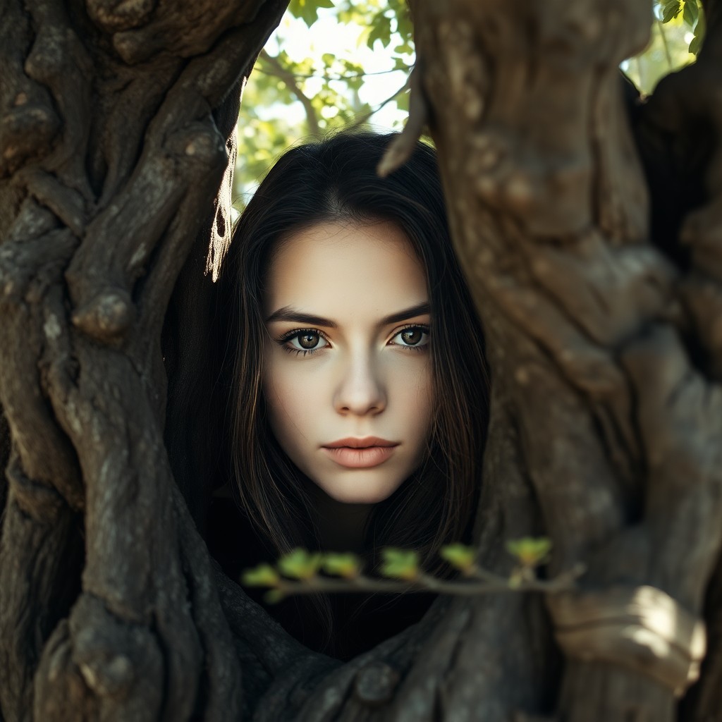 AI generated art for prompt: A photorealistic portrait photograph depicts a young woman exuding an air of mystery; her eyes conve