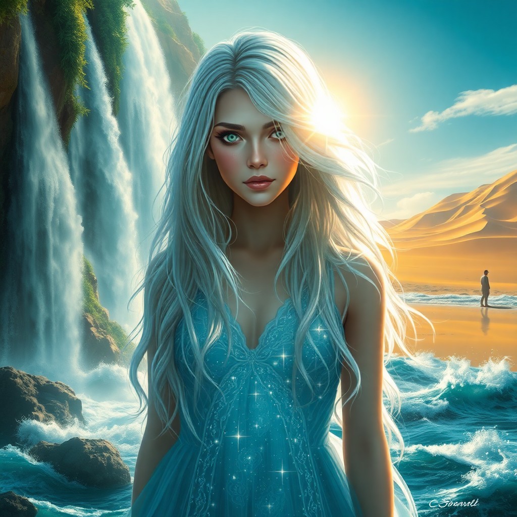 AI generated art for prompt: A captivating digital portrait showcases an enigmatic figure with flowing silver hair, seamlessly me