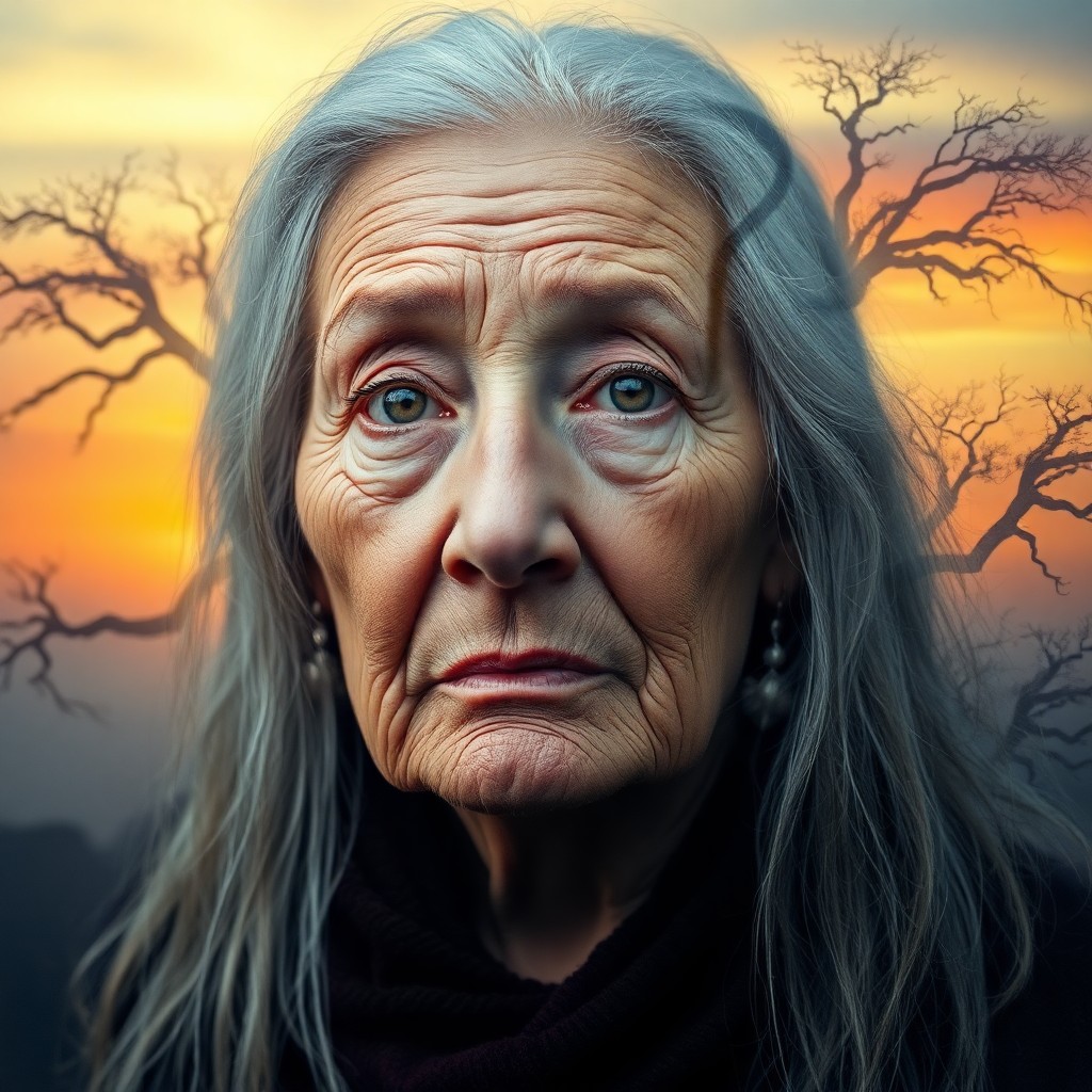 AI generated art for prompt: A captivating double exposure portrait showcases an enigmatic elderly woman with an ethereal waterfa