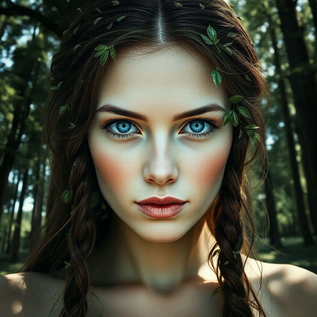 AI generated art for prompt: A photorealistic portrait captures a woman with captivating blue eyes, an ethereal gaze that hints a