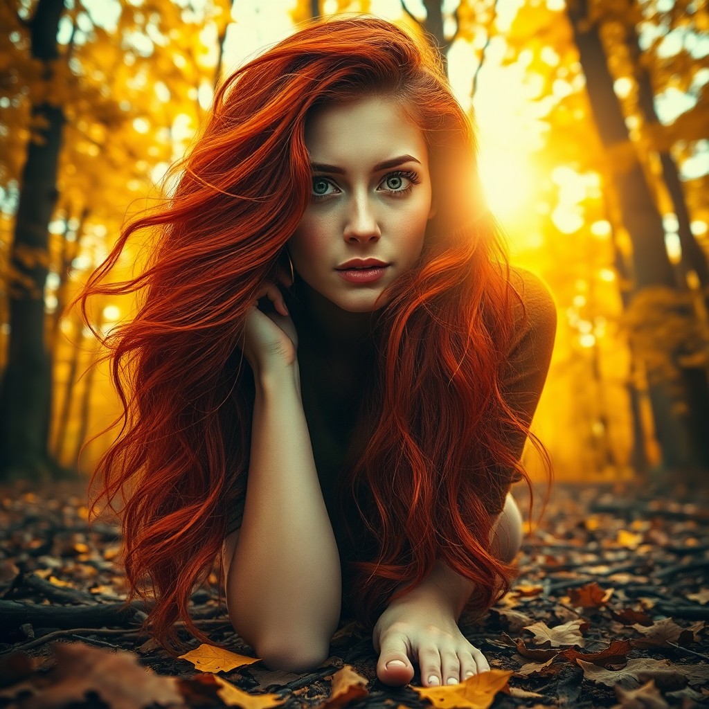 AI generated art for prompt: Create a captivating photorealistic portrait of a beautiful woman with flowing red hair, her feature