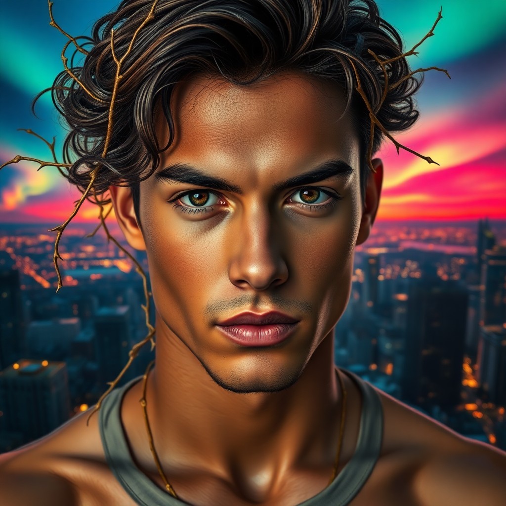 AI generated art for prompt: A captivating portrait captures a young man with chiseled features and olive skin, his intense dark 