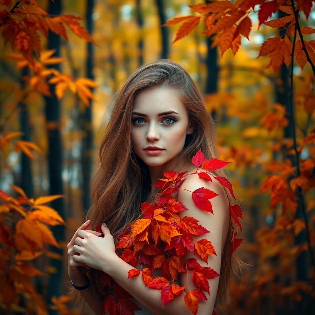 AI generated art for prompt: Amidst a vibrant autumn forest, a young woman with sun-kissed hair gracefully stands, her serene eye