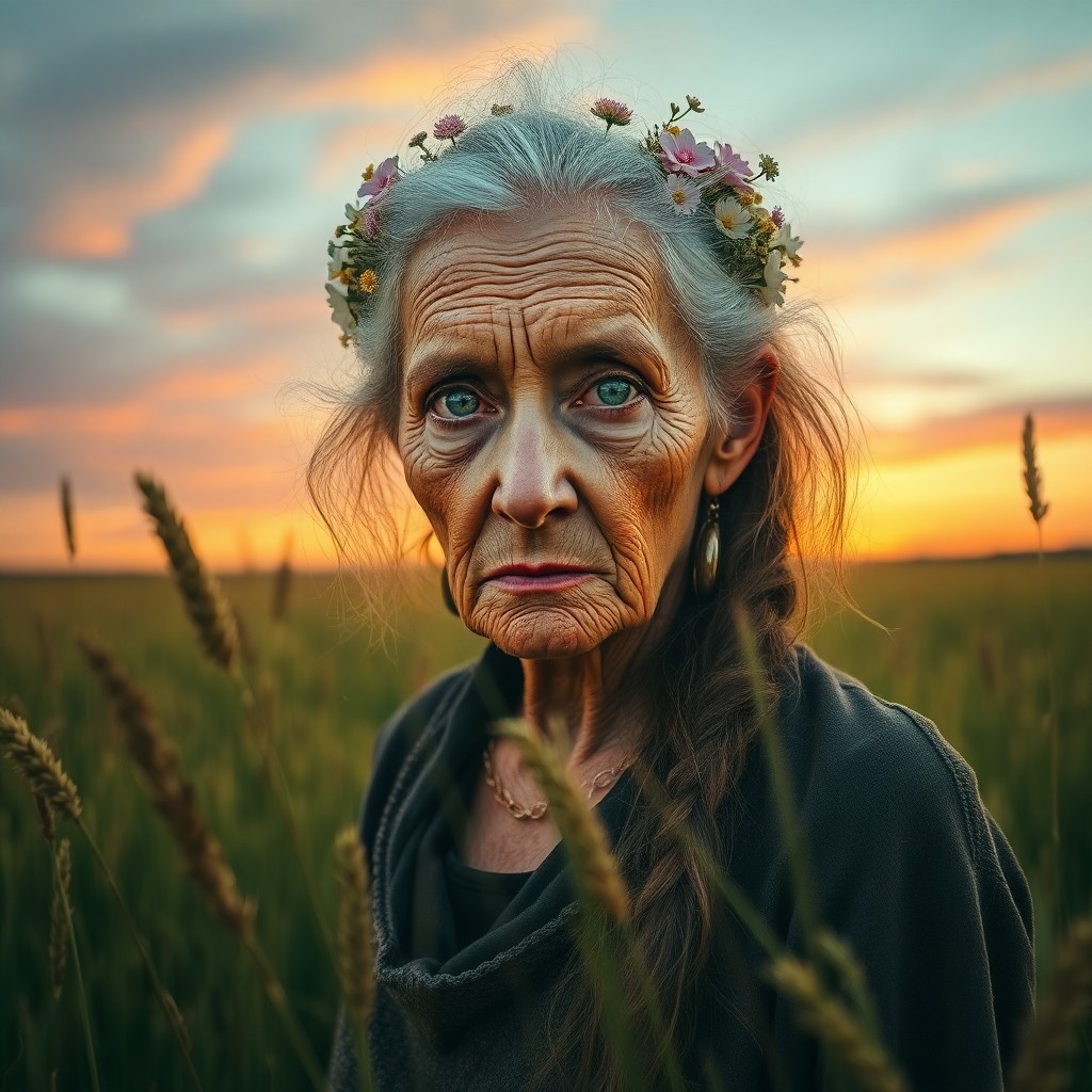 AI generated art for prompt: An enigmatic elderly woman stands amidst a lush field of tall grasses swaying gently in an ethereal 