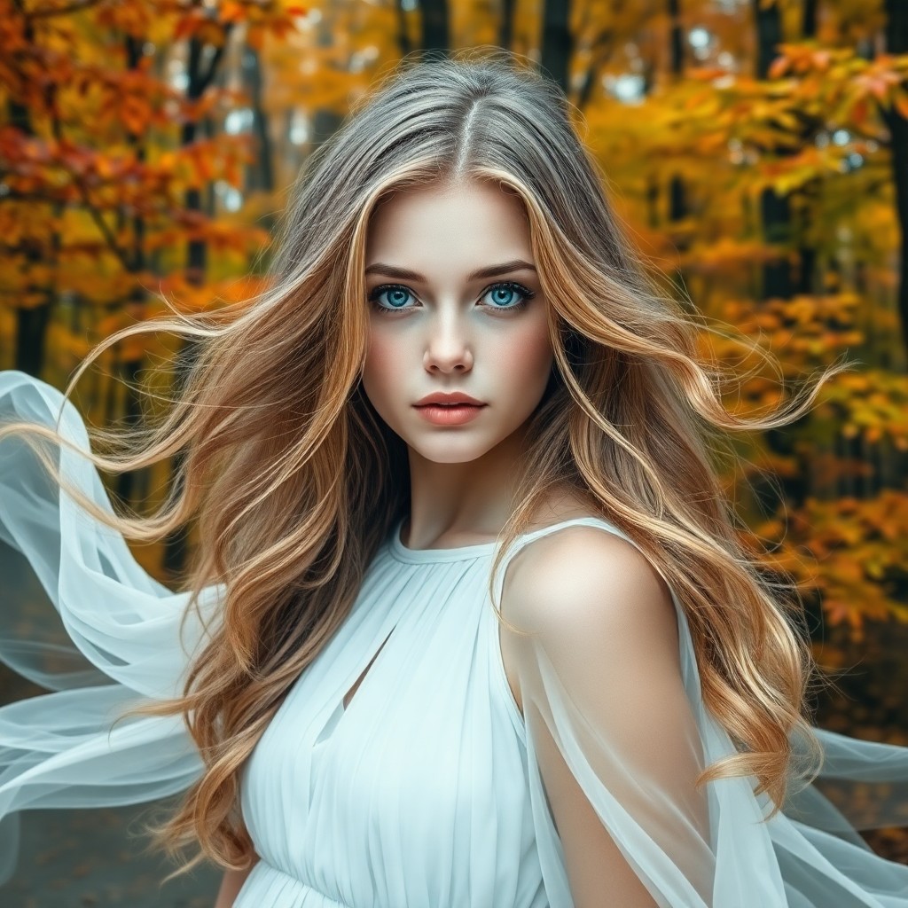 AI generated art for prompt: Craft a photorealistic portrait of a young woman with mesmerizing blue eyes and golden locks cascadi