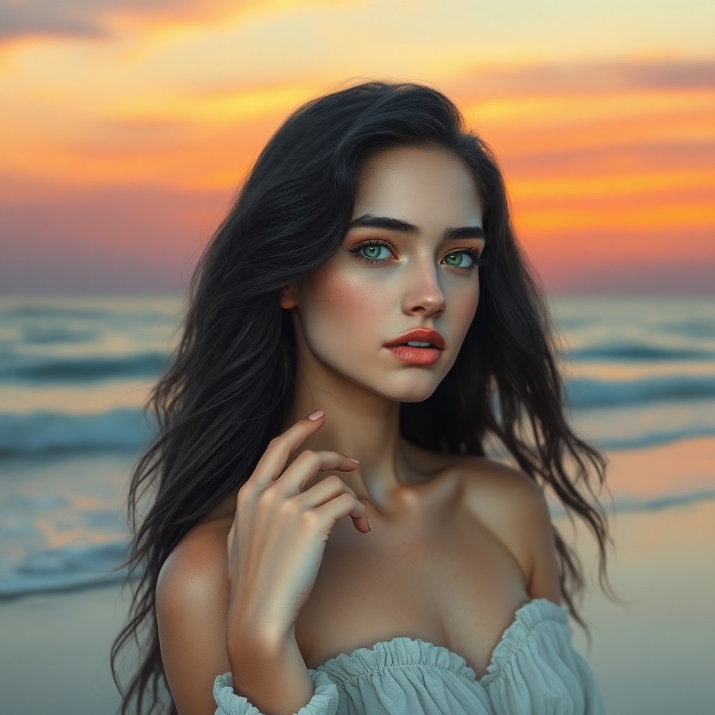 AI generated art for prompt: Envision a captivating photorealistic portrait of a young woman with cascading raven hair and pierci