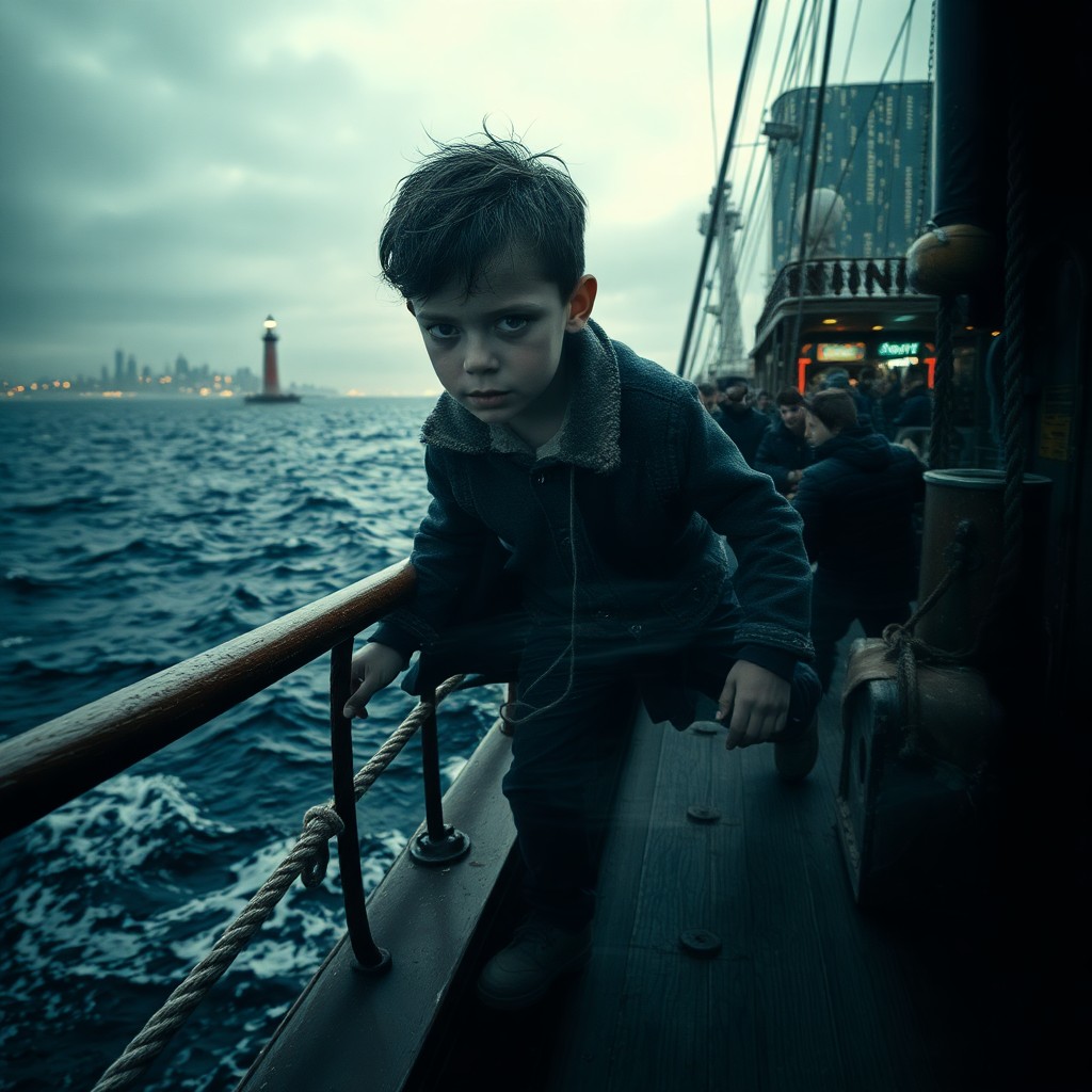 AI generated art for prompt: Depict a weathered boy, taking a step on a storm-tossed ship's deck, his eyes conveying resilience a