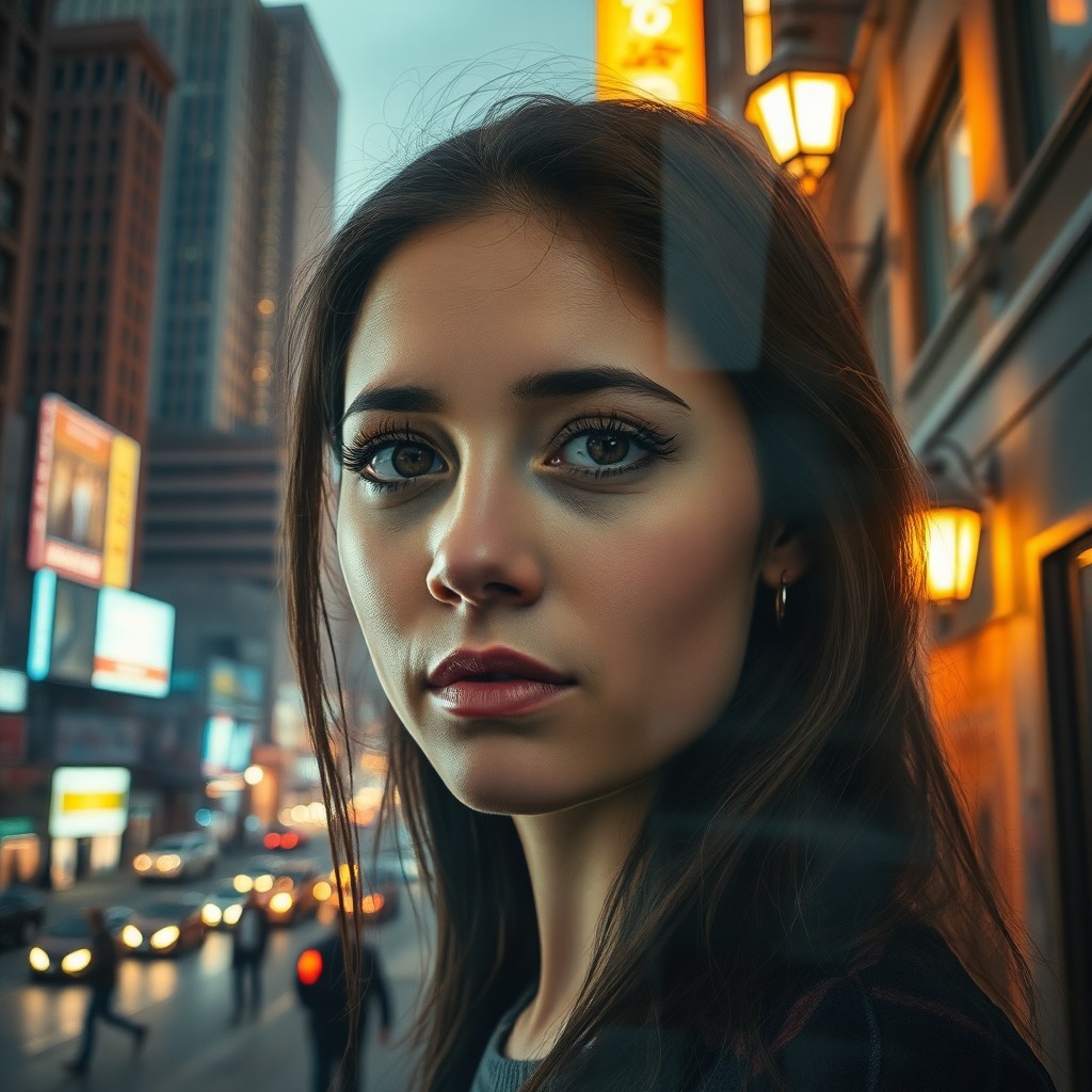 AI generated art for prompt: Craft a photorealistic double exposure portrait of a pensive young woman, her expression a unique bl