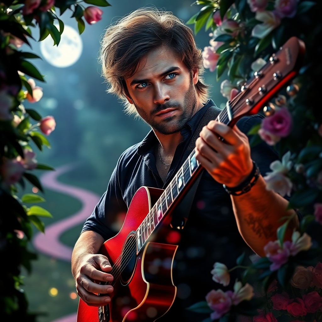 AI generated art for prompt: Create a photorealistic portrait capturing the intense energy of a passionate musician in his early 