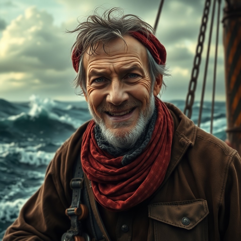 AI generated art for prompt: Craft a photorealistic portrait of an experienced shipwreck explorer with weathered features and a d