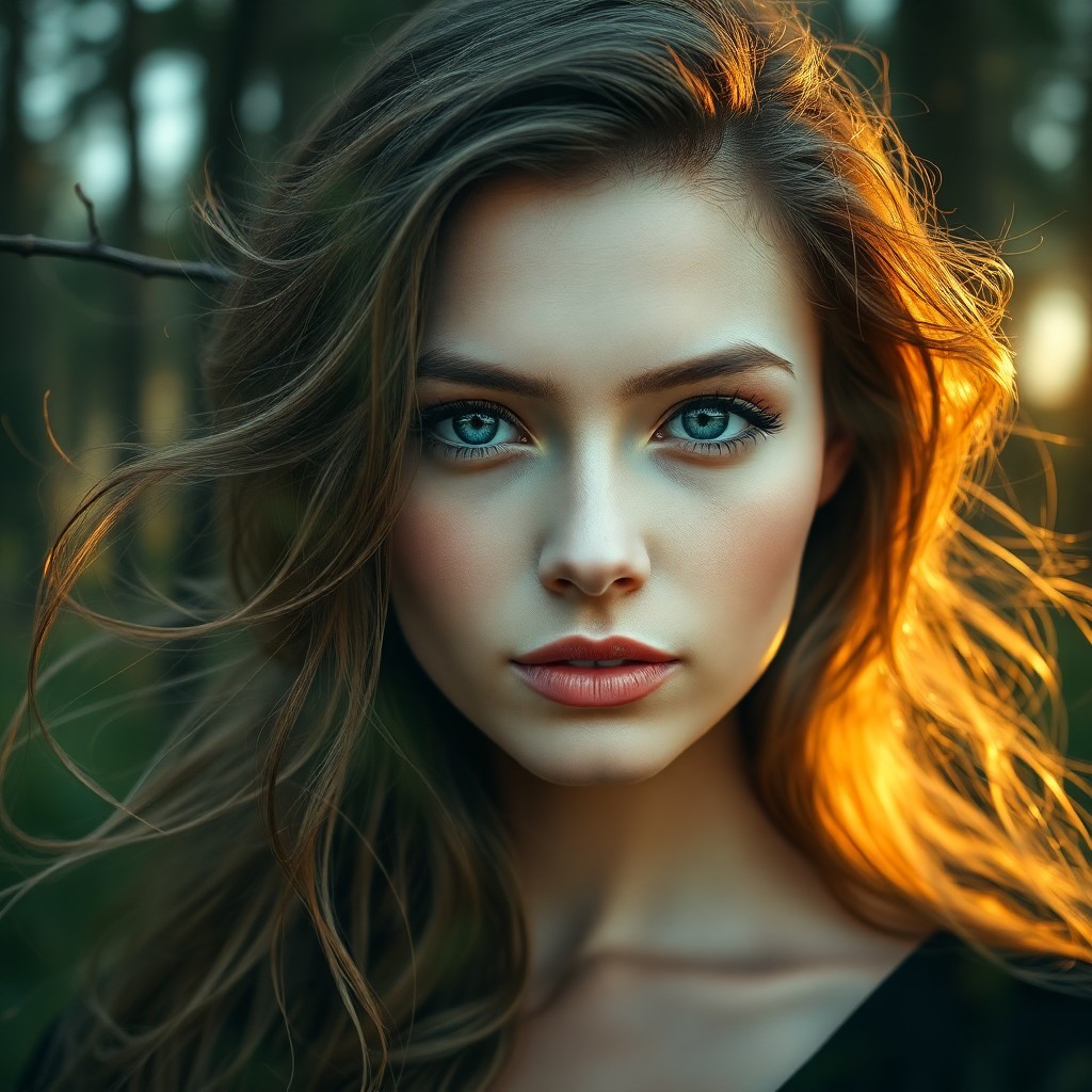 AI generated art for prompt: A captivating double exposure portrait showcases a poised woman with piercing blue eyes and flawless