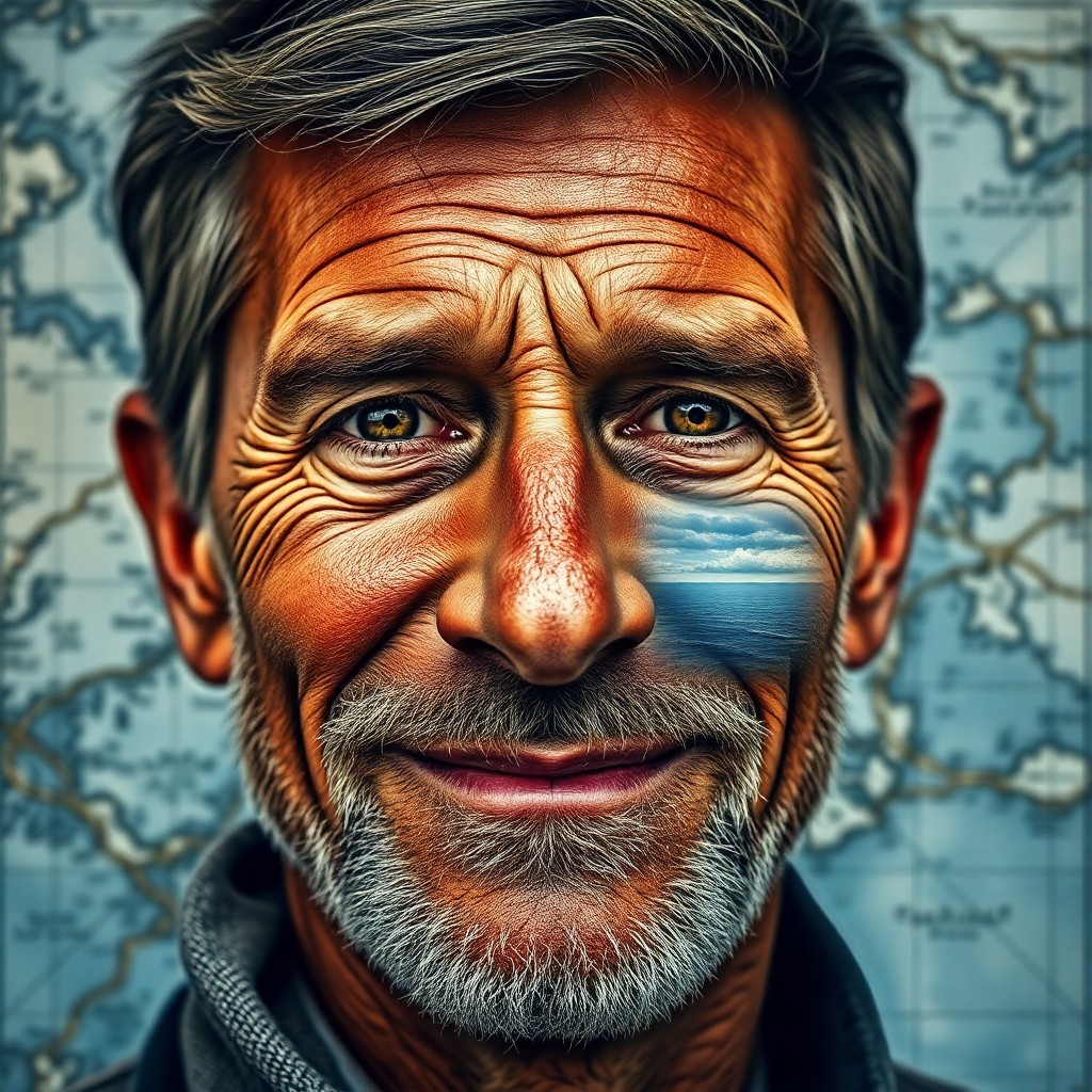 AI generated art for prompt: Craft an evocative portrait blending a seasoned boy's resolute smile with intricate nautical chart p