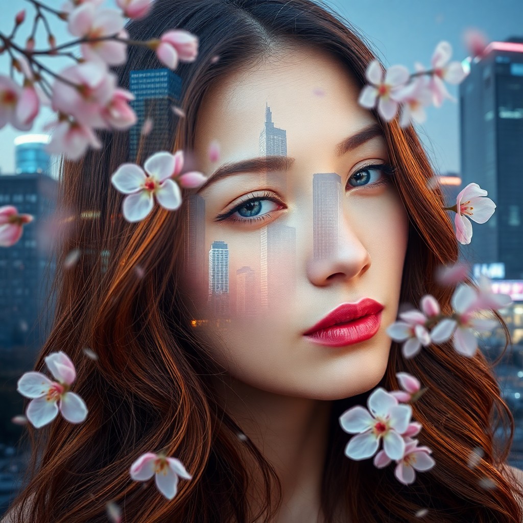 AI generated art for prompt: A captivating double exposure portrait showcases a serene woman with cascading chestnut locks, her e