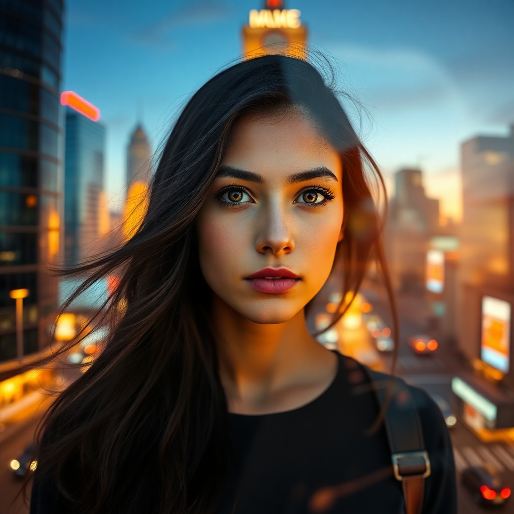 AI generated art for prompt: A double-exposure portrait showcases a young woman with flowing dark hair and intense green eyes set