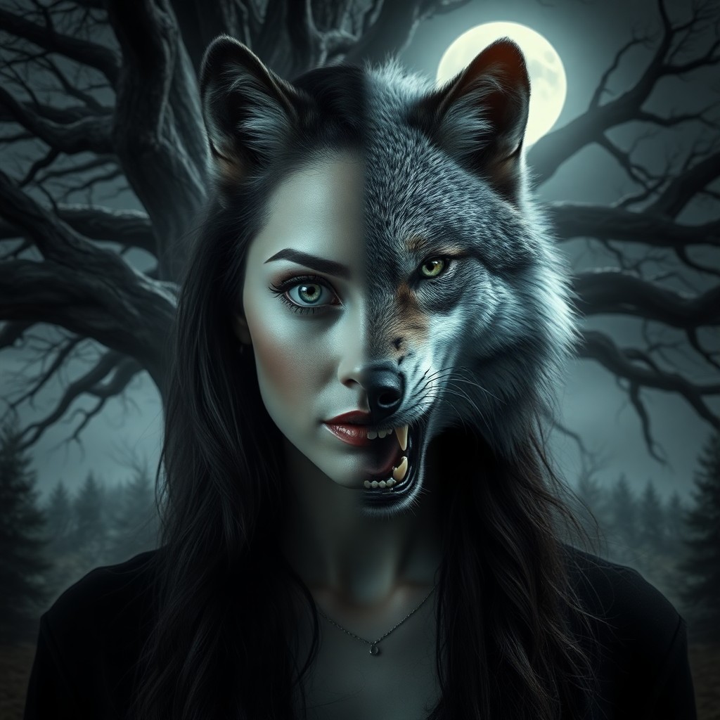 AI generated art for prompt: A hauntingly beautiful portrait captures an enigmatic figure, a fusion of woman and wolf, their face