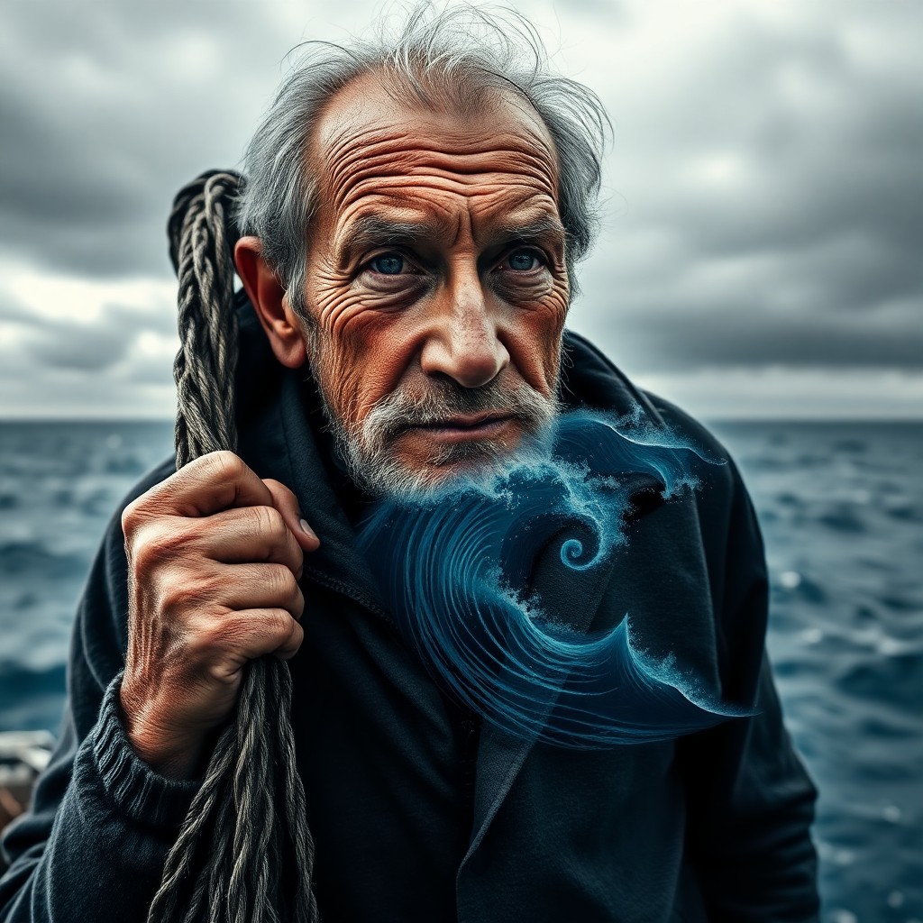 AI generated art for prompt: A captivating double exposure portrait showcases a seasoned fisherman in his late sixties, his weath