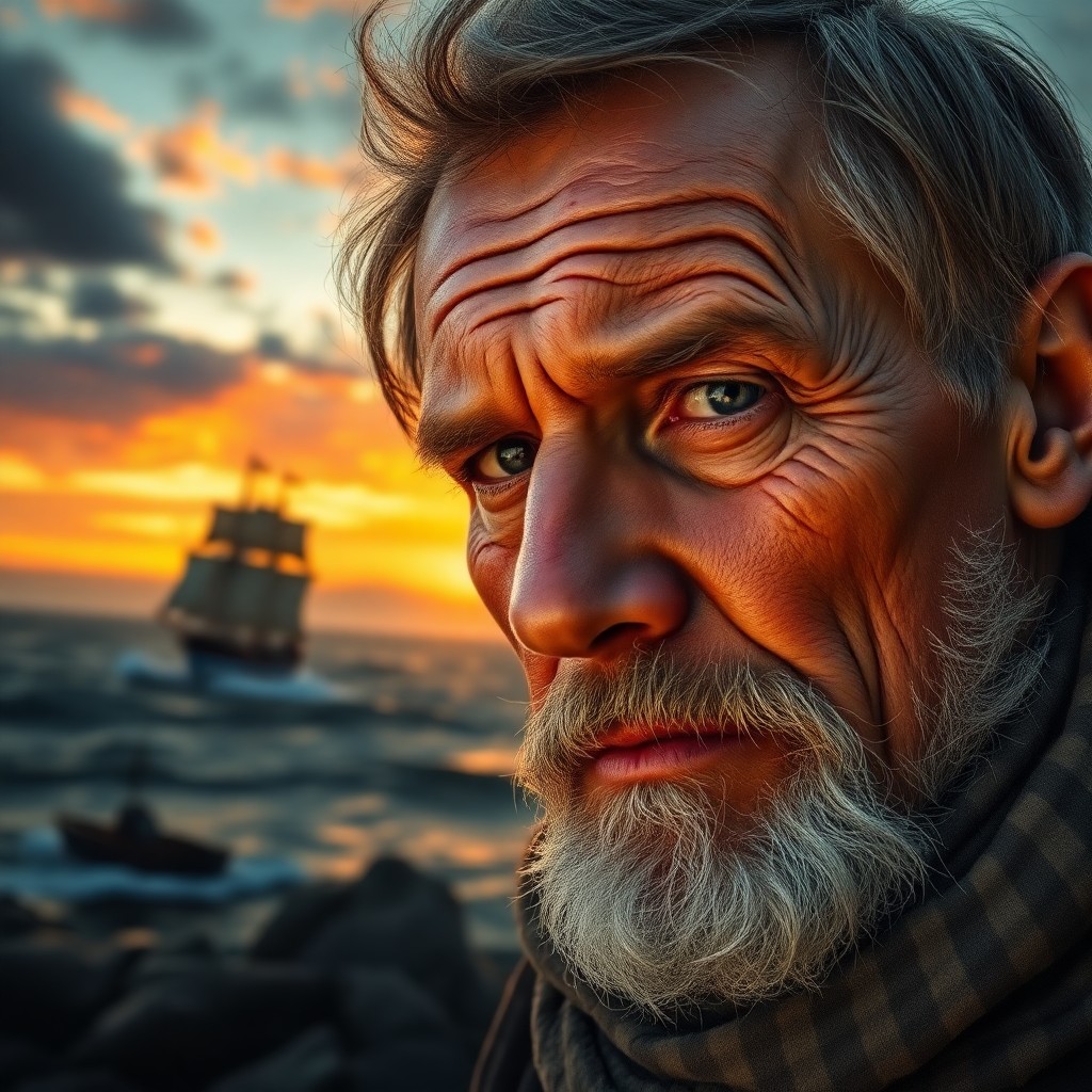 AI generated art for prompt: A photorealistic portrait showcases a weathered fisherman with deeply etched creases on his sun-kiss