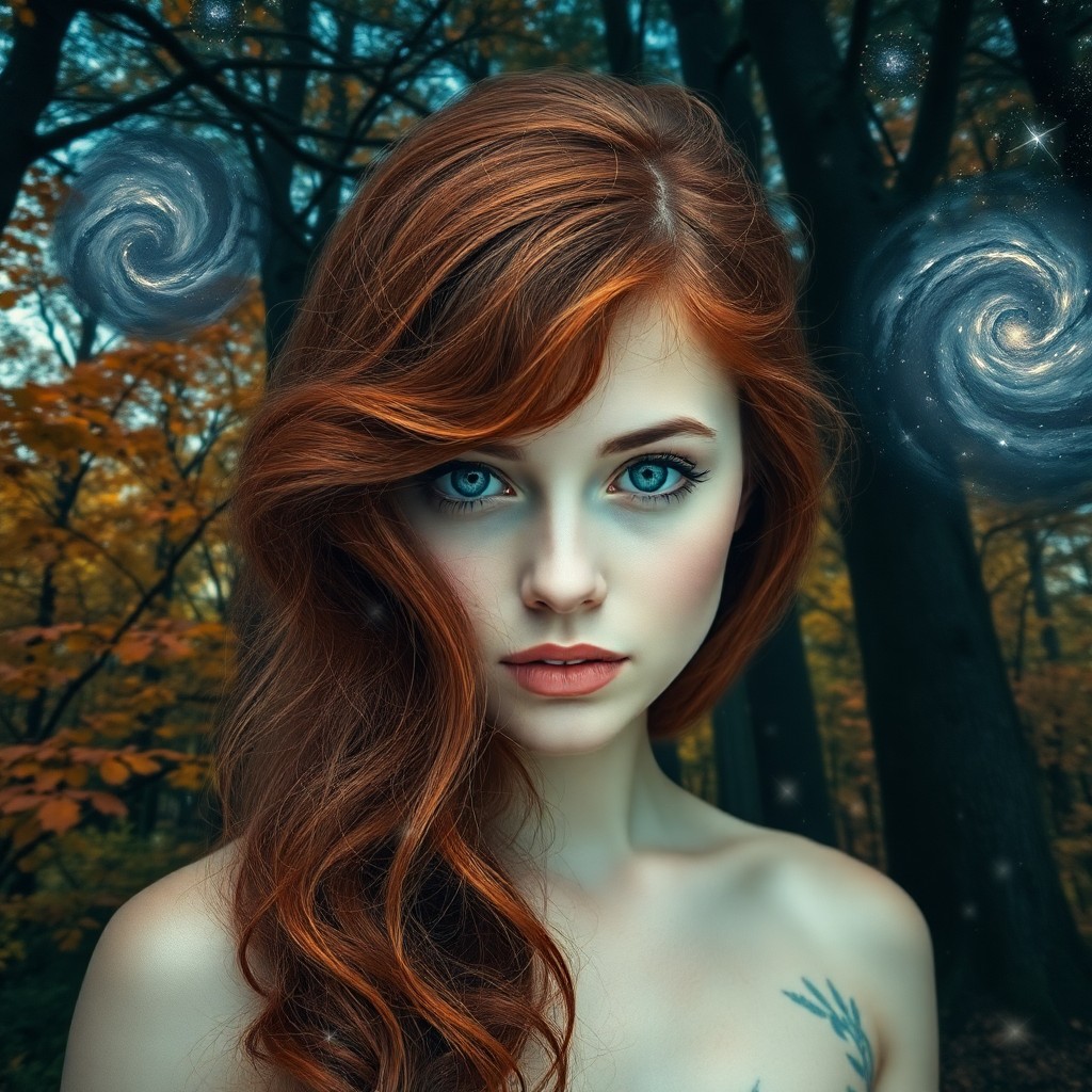 AI generated art for prompt: A captivating portrait showcases a young woman with cascading red hair and intense green eyes amidst