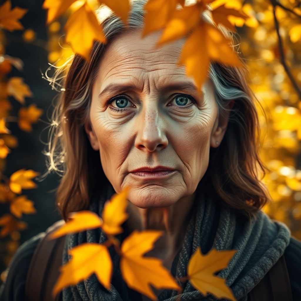 AI generated art for prompt: Craft a photorealistic portrait of a weary wanderer, focusing on a middle-aged woman with distinctiv