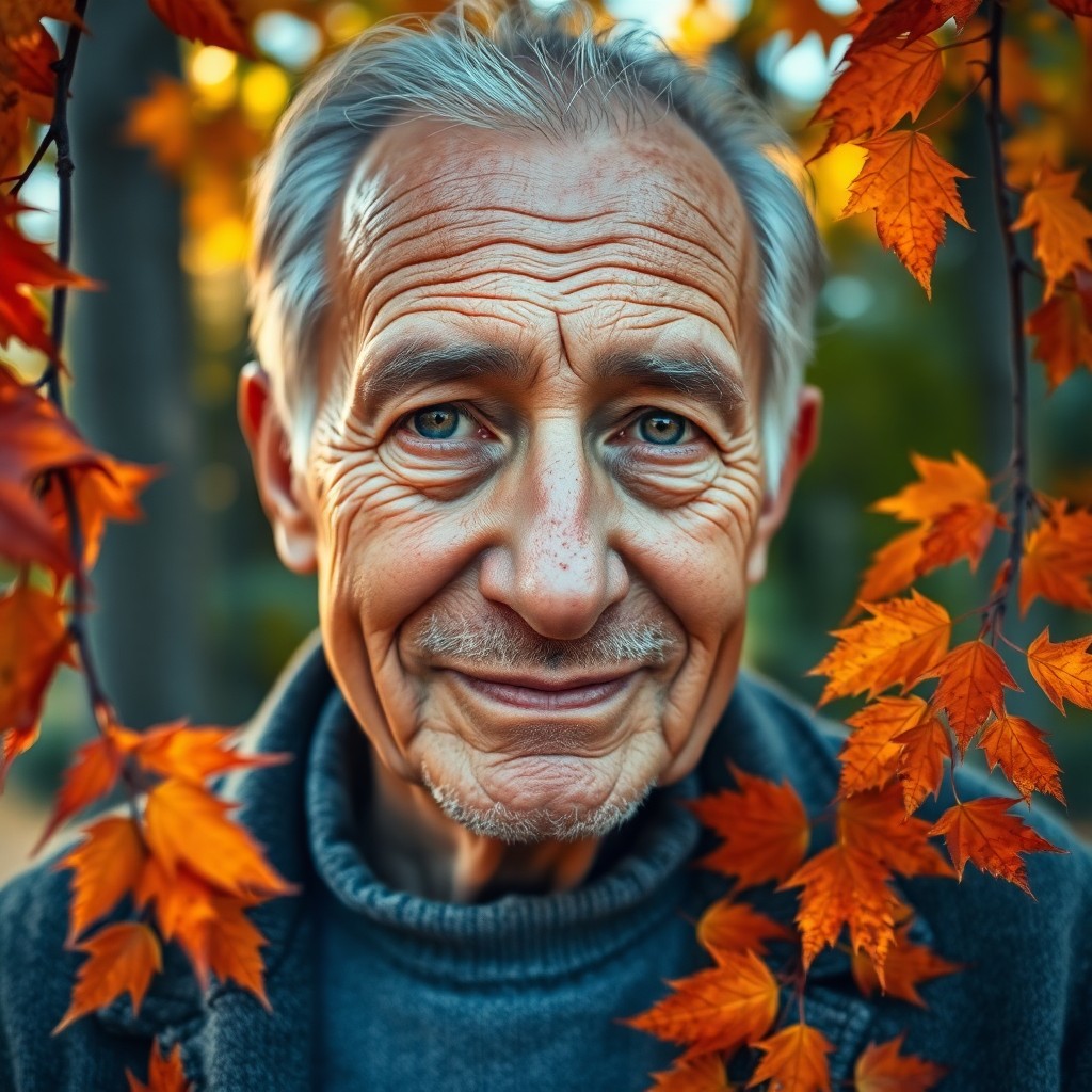 AI generated art for prompt: Craft an iPhone portrait of an elderly man with deep wrinkles and warm, twinkling eyes amidst autumn