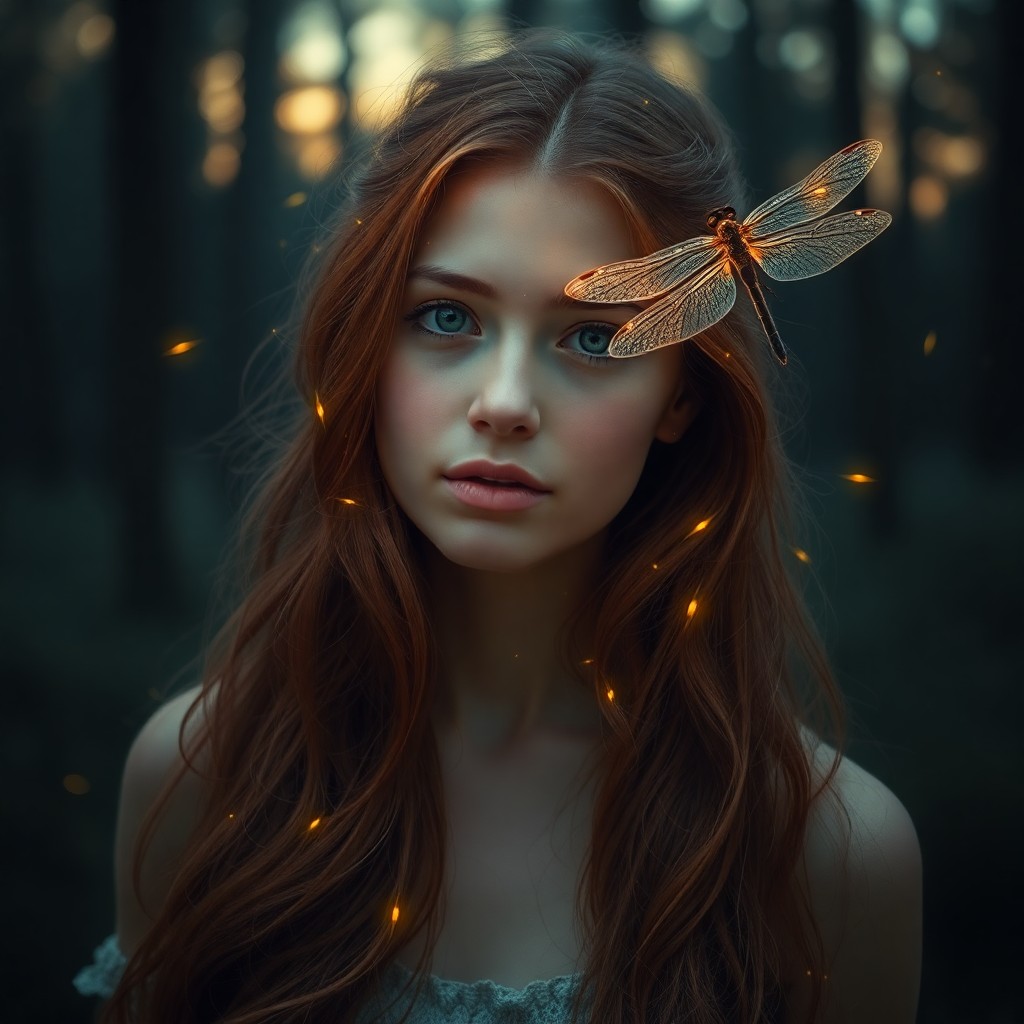 AI generated art for prompt: A young woman with cascading auburn hair stands amidst a misty forest glade at twilight. Her delicat