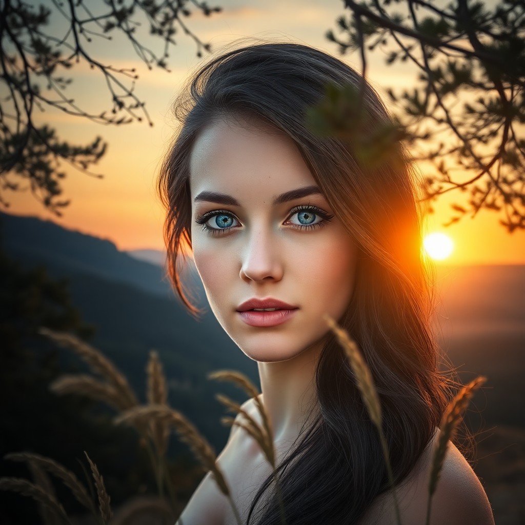 AI generated art for prompt: A portrait photograph depicts a young woman with striking blue eyes and cascading raven hair, her fe