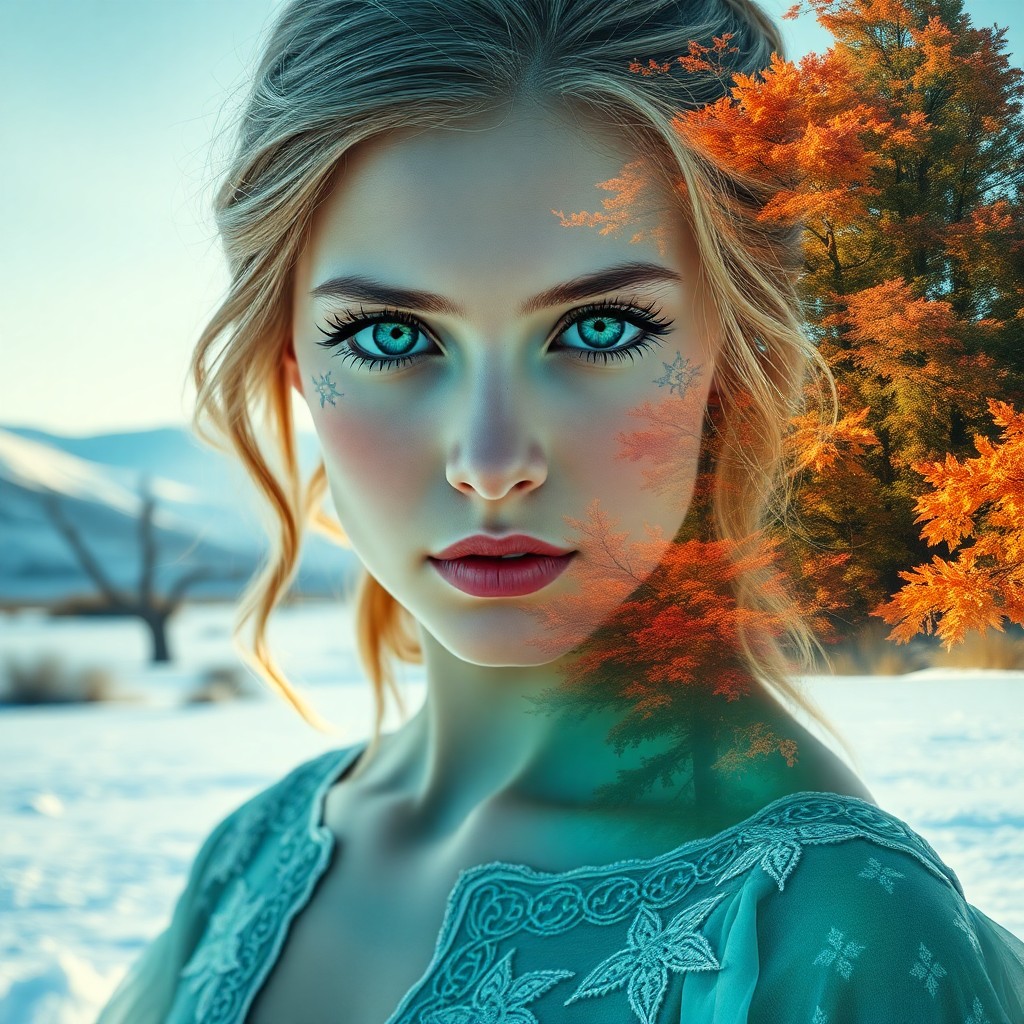 AI generated art for prompt: A captivating double-exposure portrait showcases a young woman with mesmerizing emerald eyes and cas