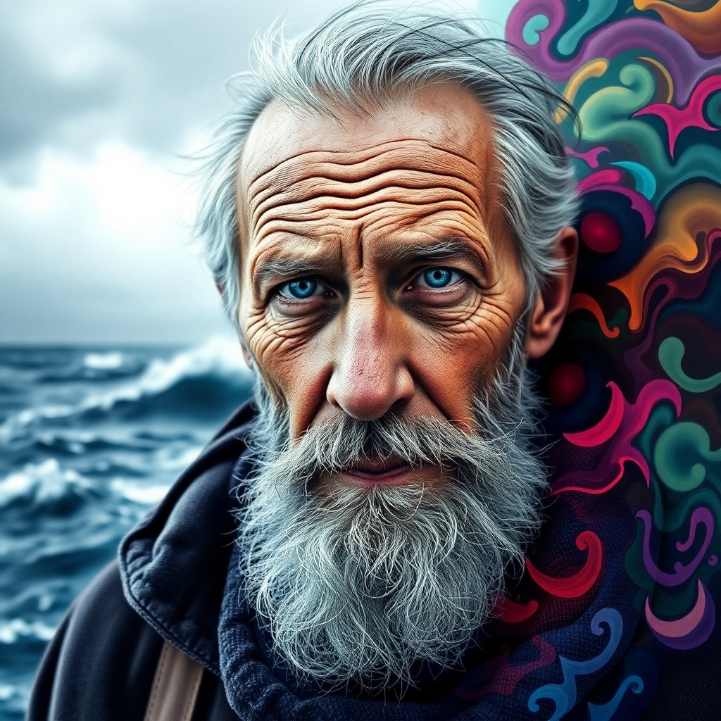 AI generated art for prompt: A captivating double exposure portrait captures an elderly shipwreck explorer, his rugged skin and p