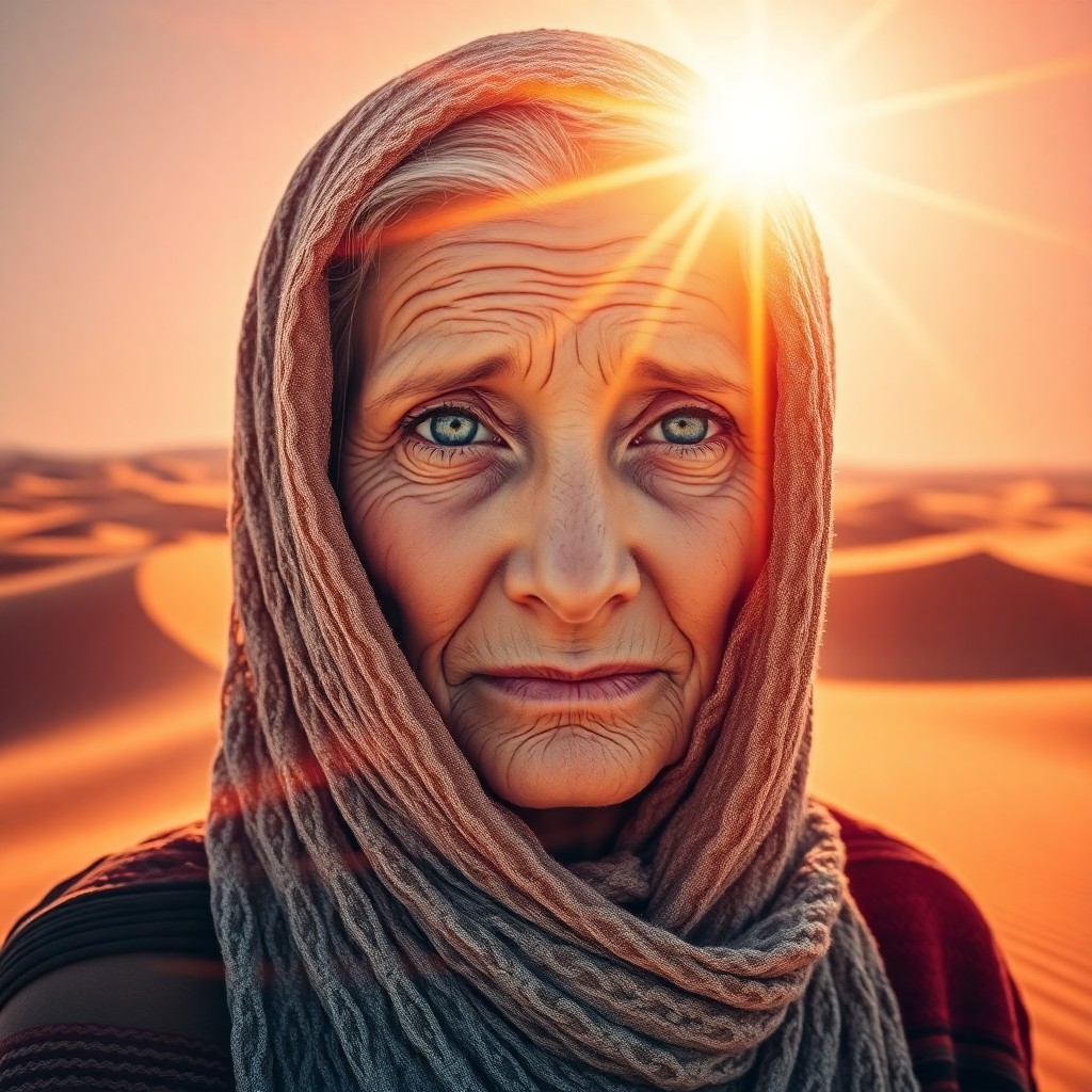 AI generated art for prompt: An evocative double exposure portrait showcases an enchanting elderly woman amidst a vibrant desert 