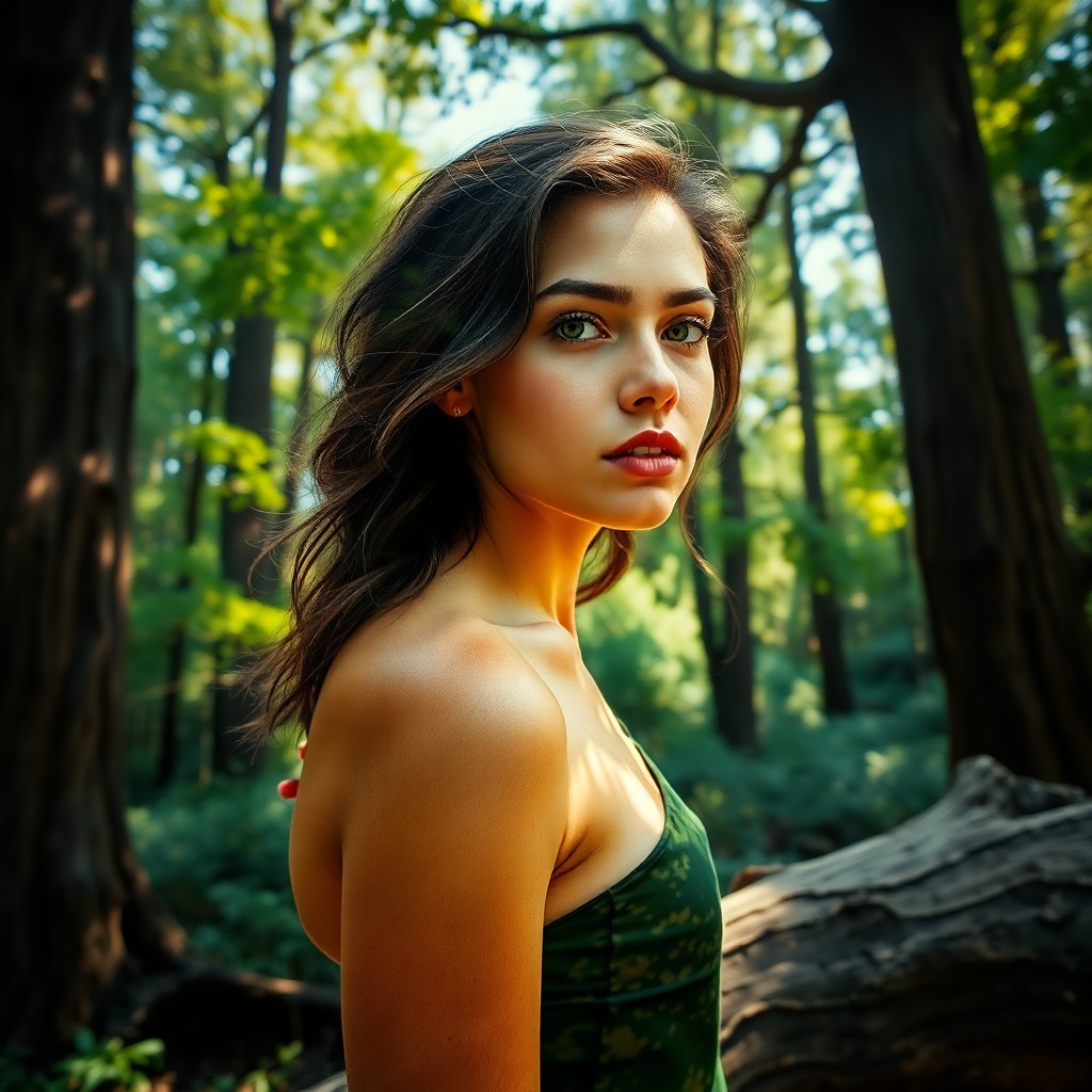 AI generated art for prompt: A photorealistic portrait showcases a young woman with sun-kissed skin and captivating golden eyes a