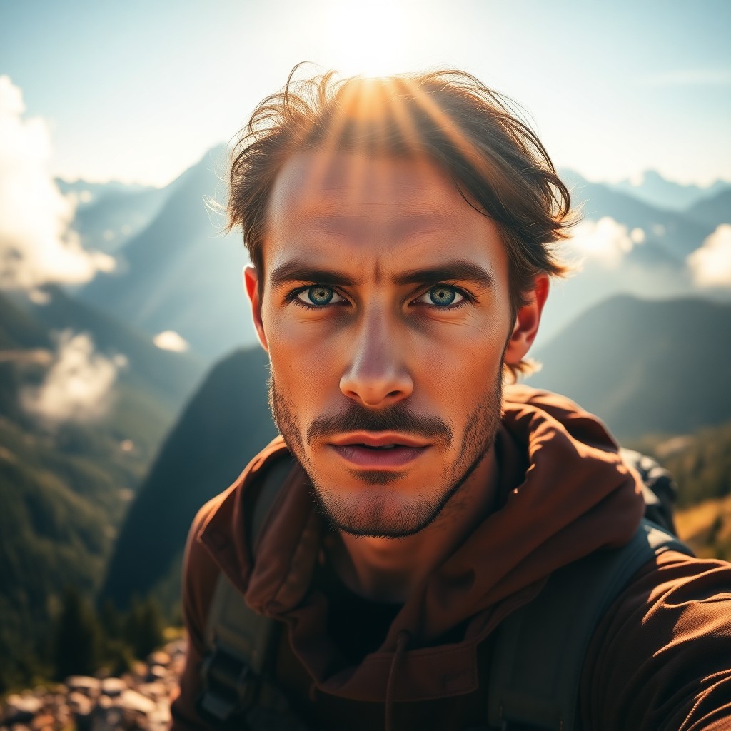 AI generated art for prompt: A captivating double exposure portrait showcases an intrepid outdoor adventurer with sun-kissed skin