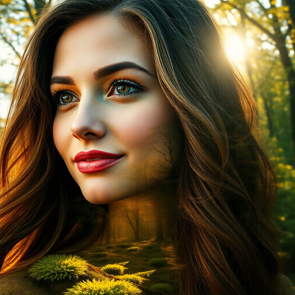 AI generated art for prompt: Create a captivating double exposure portrait of a young woman with long, wavy hair flowing like aut