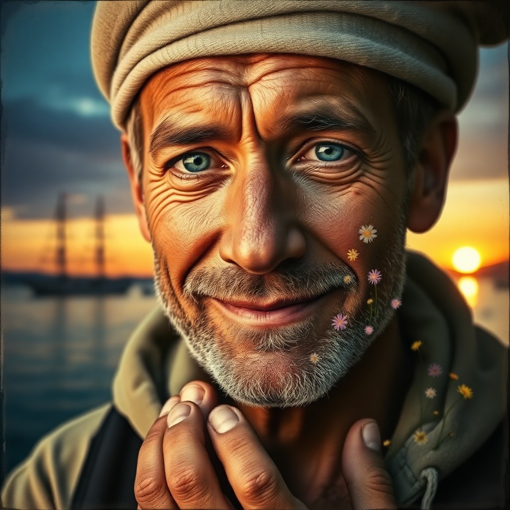 AI generated art for prompt: Envision an artistically aged photograph of a seasoned sailor with weathered skin and piercing blue 