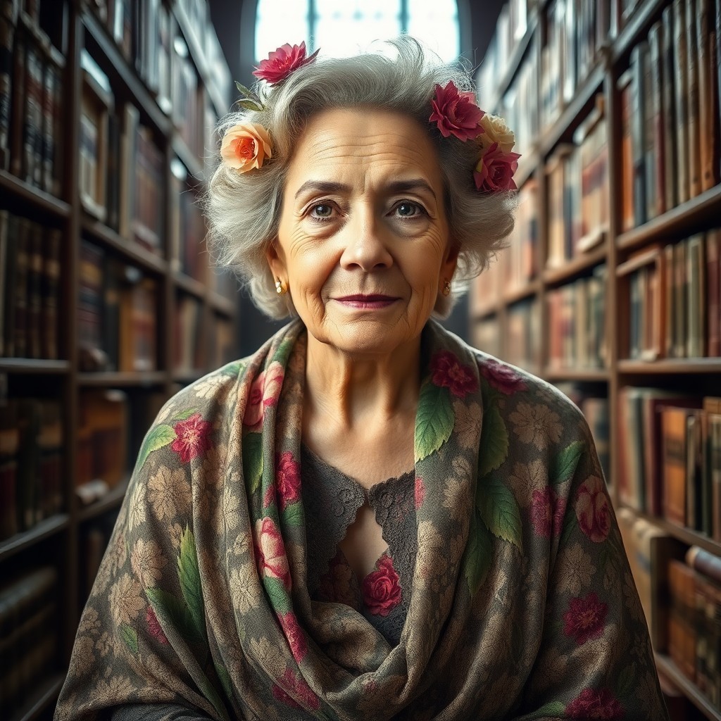 AI generated art for prompt: An elder stateswoman exudes serene wisdom as she sits amidst an ancient library's towering shelves o